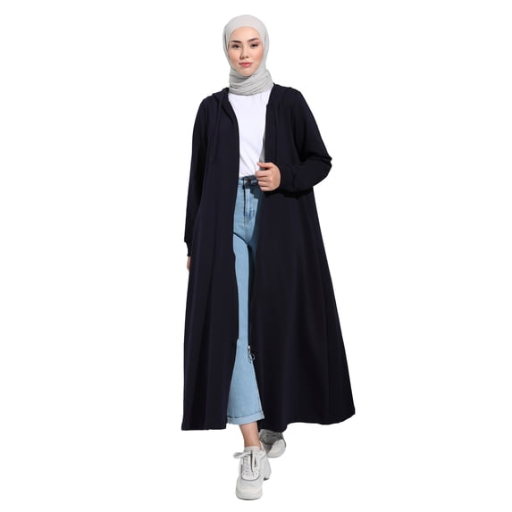 Hood Detailed Zippered Sports Overcoat Navy Blue Coat