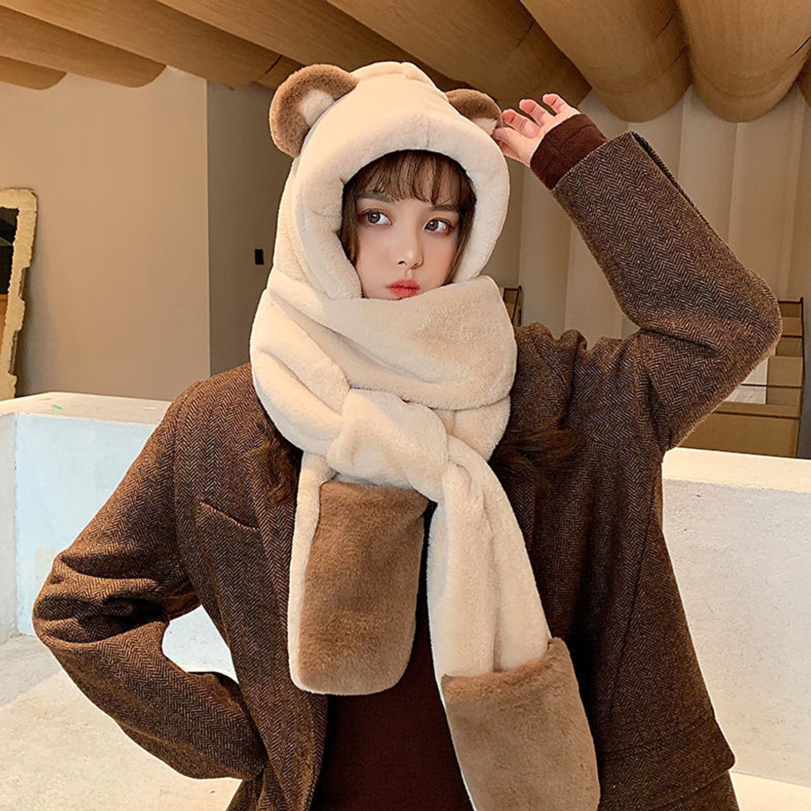 3-in-1 Set ​​Hooded Scarf Hat Gloves Bear Ears Hat with Mittens​​ Bear Hoodie With Ears Winter Bear Ears Hood Scarf Set  main image 2