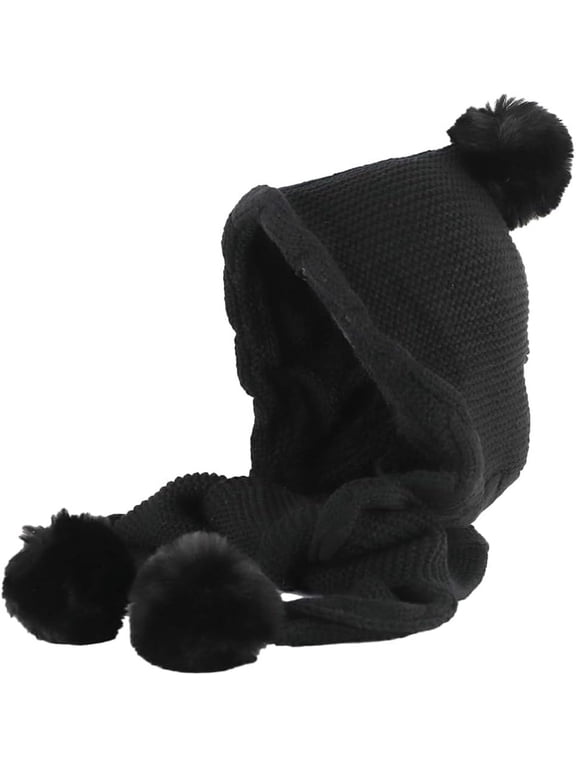 Hood Hat Scarf 2 in 1 Hooded Scarf for Women Winter Warm Beanie Hat with Faux Fur Pompom Fuzzy Knitted Hat Scarf Set