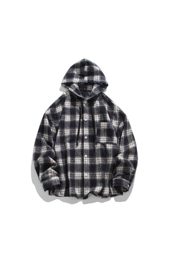 Hood Mens Casual Jacket Black Plaid Button Down Shirt Jacket Long Sleeve Button-Up Mens Clothing