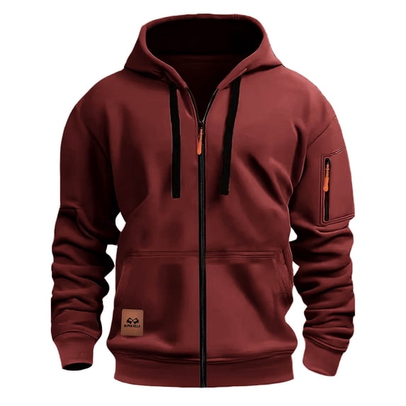 Hood Mens Jacket Red Winter Zip Up Jacket Drawstring Long Sleeve Casual Outerwear