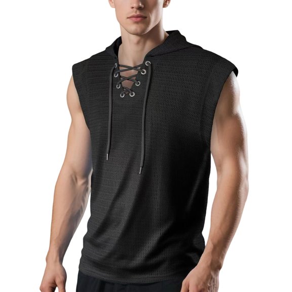 Hood Shirts Men's Casual Sleeveless Vest Lace Up Shirts Retro V Neck Tank Tops Loose Shirt Male Solid Color Clothes Basic T-Shirt Oversized T Shirt Black 3XL