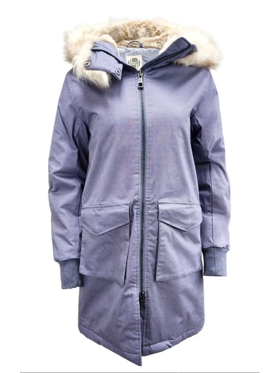 Women's Long Natural Hemp Hooded Parka 420, Blue Grey, Small