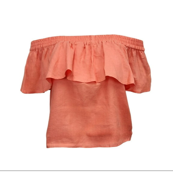 HoodLamb Women's Ruffle Off Shoulder Hemp Top 420, Coral, Large