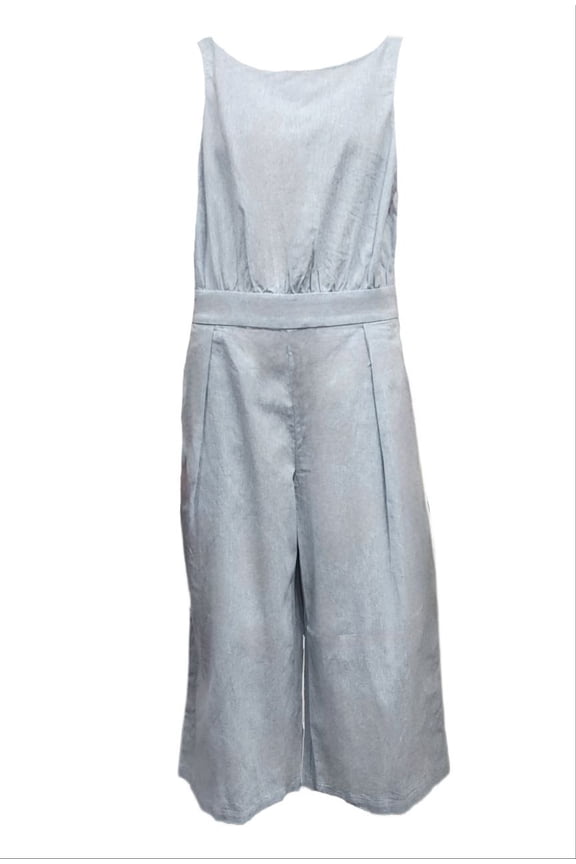 Women's Sleeveless Deep V Back Hemp Jumpsuit, Teal, Medium