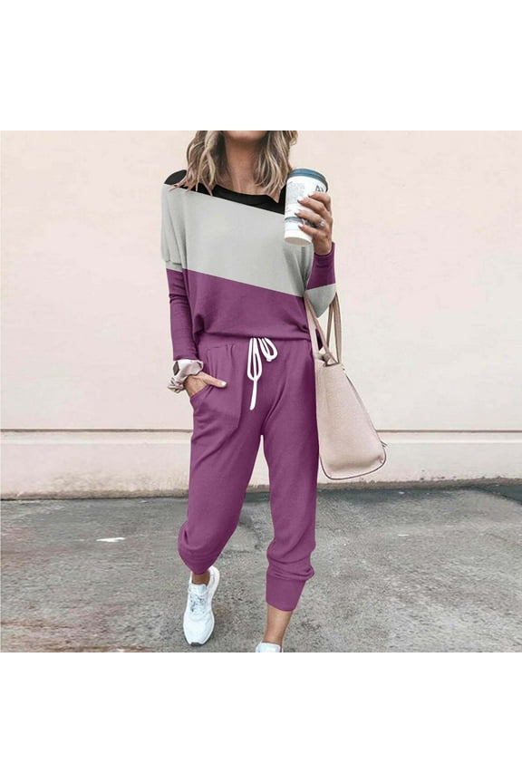 Hooded 2pcs Sets Womens Plus Size Color Blocking Leisure Fashion Loose Round neck Long Sleeved Two Piece Sweatpants Joggers Purple Size 5XL