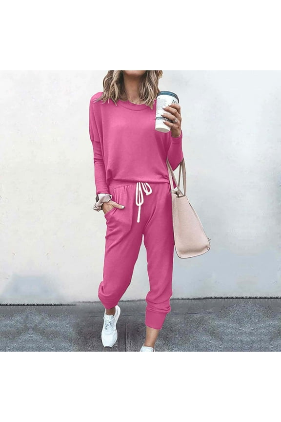 Hooded 2pcs Sets Womens Plus Size Long Sleeved Round neck Solid Color Leisure Fashion Loose Two Piece Sweatpants Joggers Hot Pink Size S