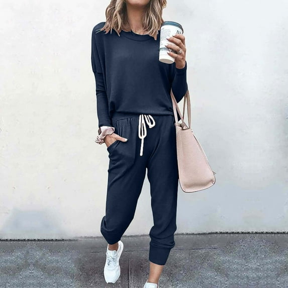 Hooded 2pcs Sets Womens Plus Size Long Sleeved Round neck Solid Color Leisure Fashion Loose Two Piece Sweatpants Joggers Navy Size 3XL