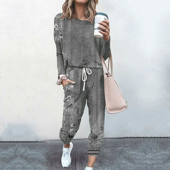 Hooded 2pcs Sets Womens Plus Size Round neck Long Sleeved Solid Color Leisure Fashion Loose Two Piece Sweatpants Joggers Gray Size XL
