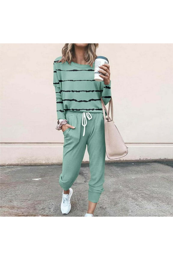 Hooded 2pcs Sets Womens Plus Size Round neck Wave Leisure Fashion Loose Long Sleeved Two Piece Sweatpants Joggers Green Size 4XL