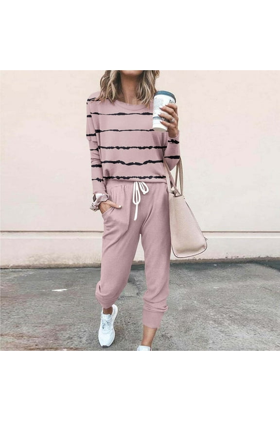 Sweatsuits 2pcs Sets for Womens Long Sleeved Printed Blouses Casual Set Pink Size 3XL