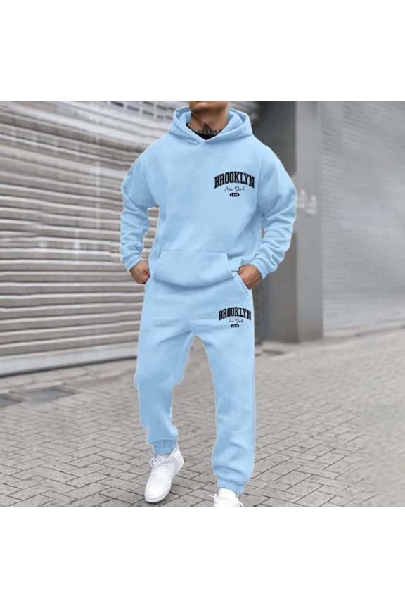 Hooded Athletic Tracksuit Casual Jogging SweatSuits Men's Hooded Sweatshirt 2 Pieces Set Tracksuit Long Sleeve Activewear Casual Athletic Jogging Clothes (Sky Blue, S)