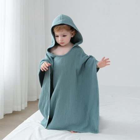 Hooded Baby Poncho Towel Muslin Bath Poncho for Toddler Kids Beach Poncho Towels Blue