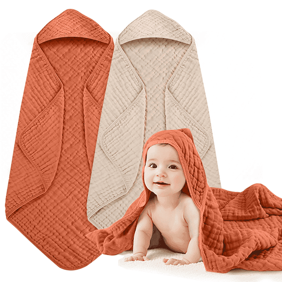 Xueyu Hooded Baby Bath Towels, 2 Pack 100% Muslin Cotton Towel for Newborn, Babies, Infants, Toddlers, Large 32x32 Inch, Soft & Absorbent, Unisex, Newborn Essential