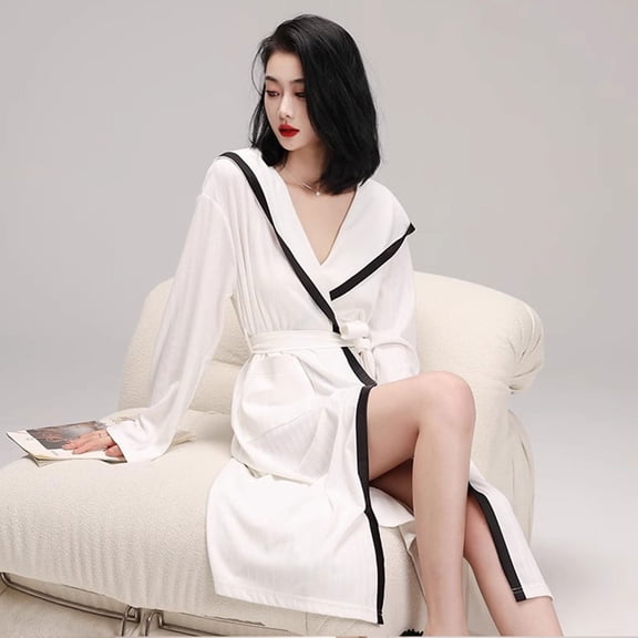 Hooded Bathrobe,Unisex Kimono Robe Cotton Lightweight Bathrobe for All Seasons,Mid-length Nightgown with Pockets