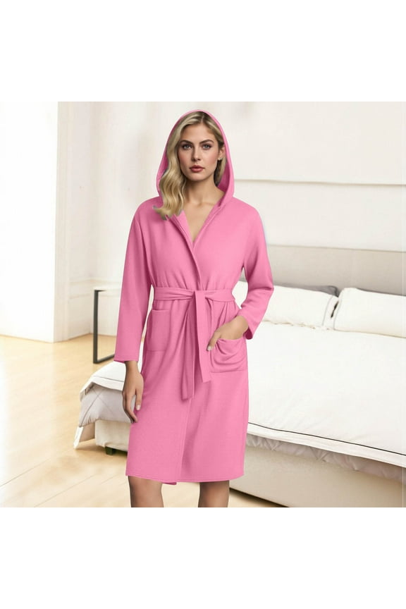 Hooded Bathrobes for Women Lightweight Long Sleeve Robe Soft Comfy Loungewear Solid Color Nightwear for Bath New Pinky XXL