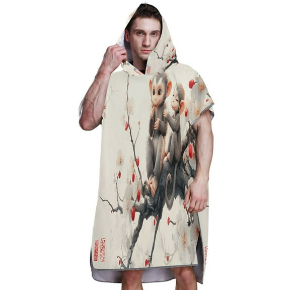 Hooded Beach Towel Adult Bath Poncho Towels Soft Absorbent Quick Dry for Surf Swim Pool Men Women Teens Cute Monkeys on Flower Branch