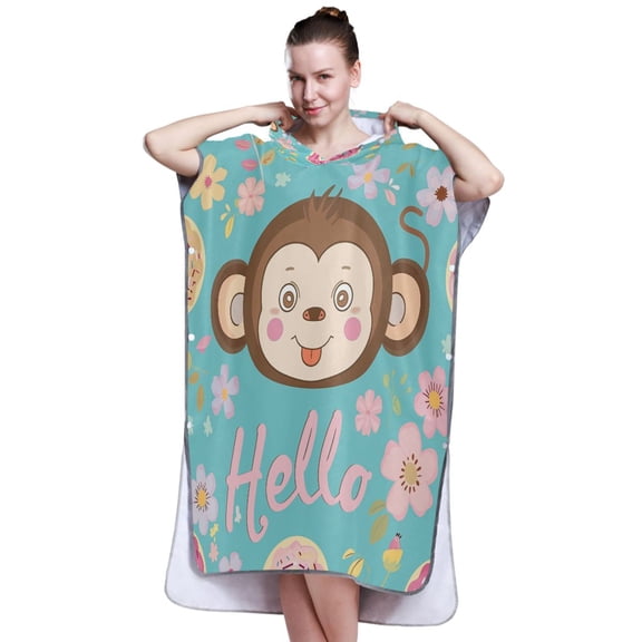 Hooded Beach Towel Adult Bath Poncho Towels Soft Absorbent Quick Dry for Surf Swim Pool Men Women Teens Hello Monkey Face