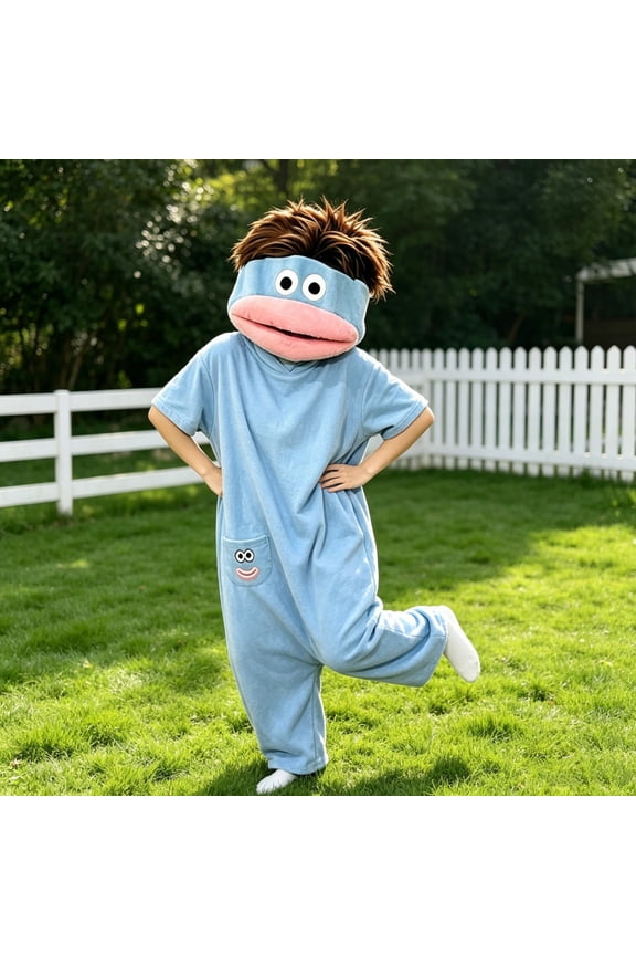Hooded Big Mouth Cartoon Jumpsuit for Kids, Novelty Short Sleeve Sleepwear, Skin Friendly Flannel Fabric for Holiday Cosplay Blue 14