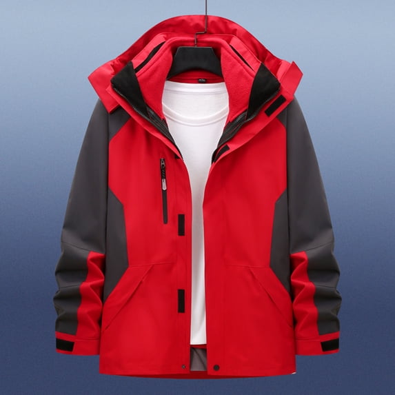 Hooded Big and Tall Jacket Zip Up Waterproof Red Rain Jacket Windbreaker Fall Winter Color Block Mens Clothing