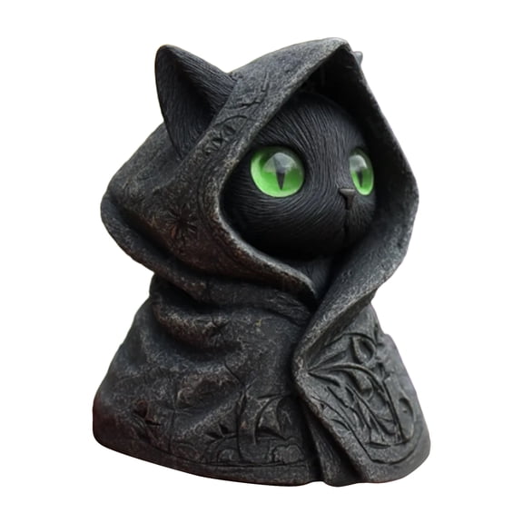 Hooded Black Cat Figurine with Green Eyes Gothic Resin Kitten Sculpture,Halloween Home Decor,Wizard Cat Statue,Mystic Familiar Animal Ornament