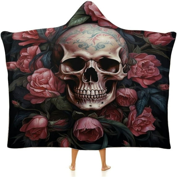 Hooded Blanket Skull and Rose Wearable Blanket Cape Halloween Blanket Soft Fleece Throw Blanket with Hood for Womens