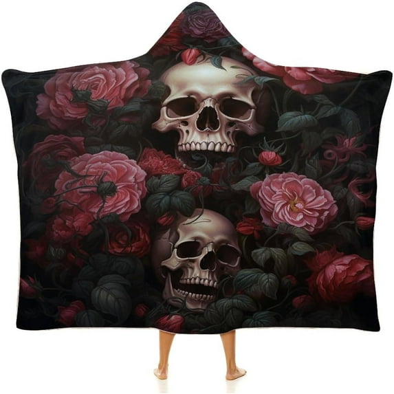 Hooded Blanket Skull and Rose Wearable Blanket Cape Halloween Blanket Soft Fleece Throw Blanket with Hood for Womens