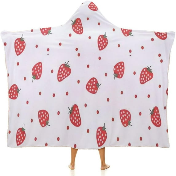 Hooded Blanket Strawberry Print Flannel Fleece Wearable Blanket, Super Soft Fuzzy Throw Poncho Blanket Cape