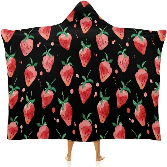 Hooded Blanket Strawberry Print Flannel Fleece Wearable Blanket, Super Soft Fuzzy Throw Poncho Blanket Cape