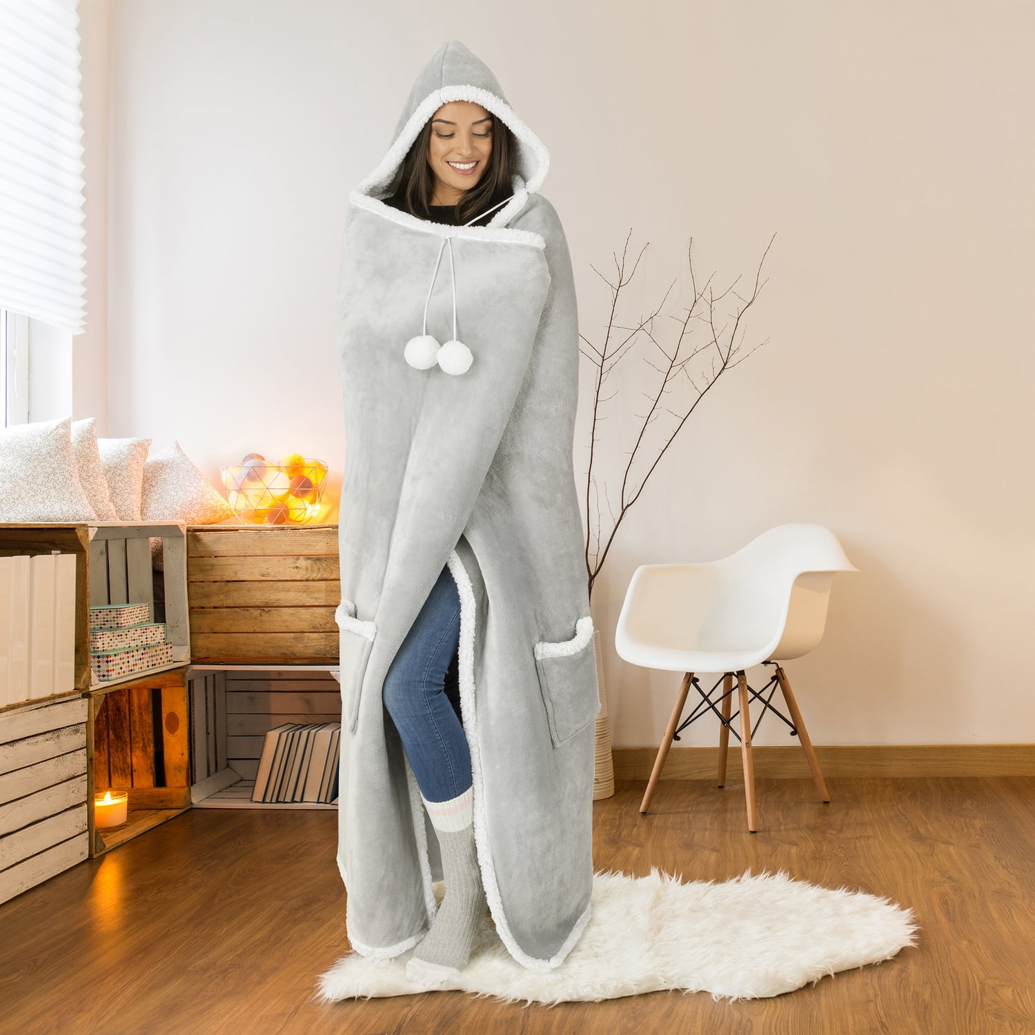 Hooded Blanket Throw Wearable Cuddle Solid Flannel Grey