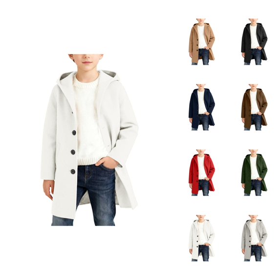 Hooded Button-Down Trench Coat for Kids, Long Sleeve Wool Blend Jacket with Pocket, Classic Spring Autumn Outerwear for Boys and Girls, Sizes 10-12