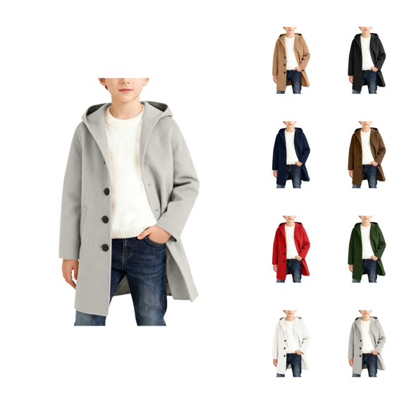 Hooded Button-Down Trench Coat for Kids, Long Sleeve Wool Blend Jacket with Pocket, Classic Spring Autumn Outerwear for Boys and Girls, Sizes 10-12