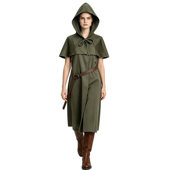 Hooded Capelet Robe for Women/Men, Medieval Hunter Style Halloween Costume — Short Sleeve Mid-Calf Cloak for Stage & Cosplay Army Green L