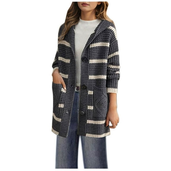 Hooded Cardigan Sweaters for Women Button Down Striped Knitted Sweater Coat Long Sleeve Outwear With Pockets