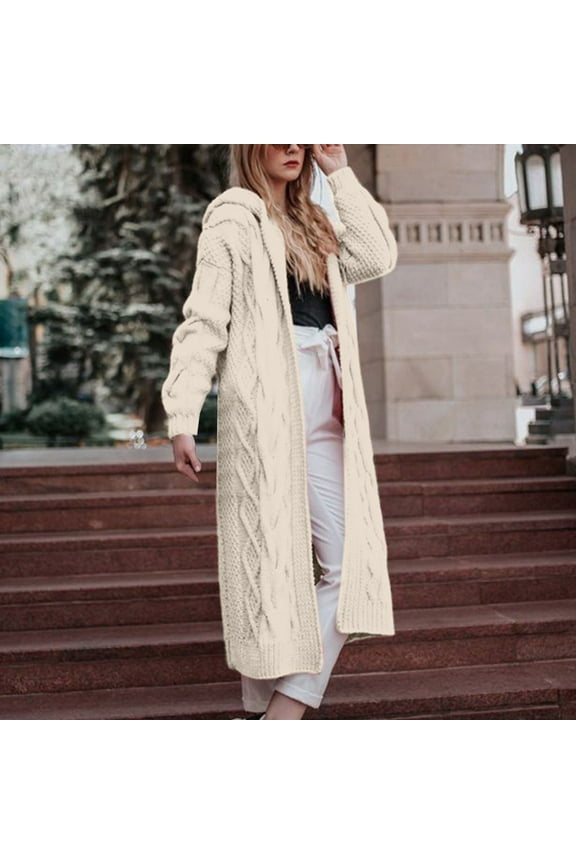 Hooded Cardigan Sweaters for Women Long Cotton Shirt Fall Chunky Knit Top Open Front Duster Jackets