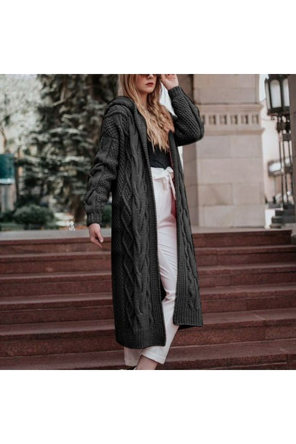 Hooded Cardigan Sweaters for Women Long Cotton Shirt Fall Chunky Knit Top Open Front Duster Jackets