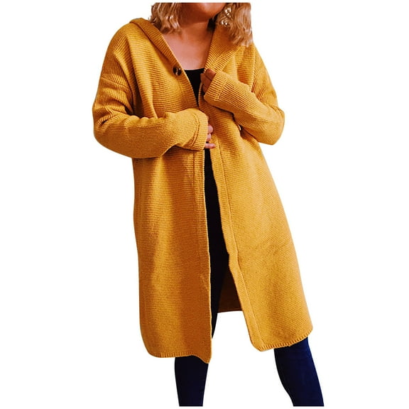 Hooded Cardigan Sweaters for Women Long Sleeve Solid Color Casual Knit Sweater Coat Outwear With Pockets