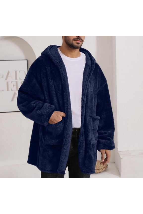 Hooded Cardigan for Women and Men, Fuzzy Fleece Hoodie Jacket Winter Warm Oversized Sweatshirt Coats with Pockets New Light Weight Jackets Mens Dark Blue M