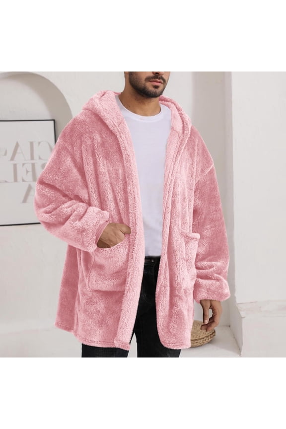 Hooded Cardigan for Women and Men, Fuzzy Fleece Hoodie Jacket Winter Warm Oversized Sweatshirt Coats with Pockets New Oversized Jacket for Men Pinky M
