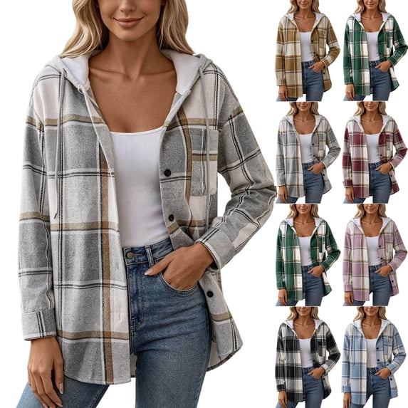 Hooded Cardigan for Women Long Sleeve Open Front Plaid Cardigan Casual Button Down Coat with Chest Pocket