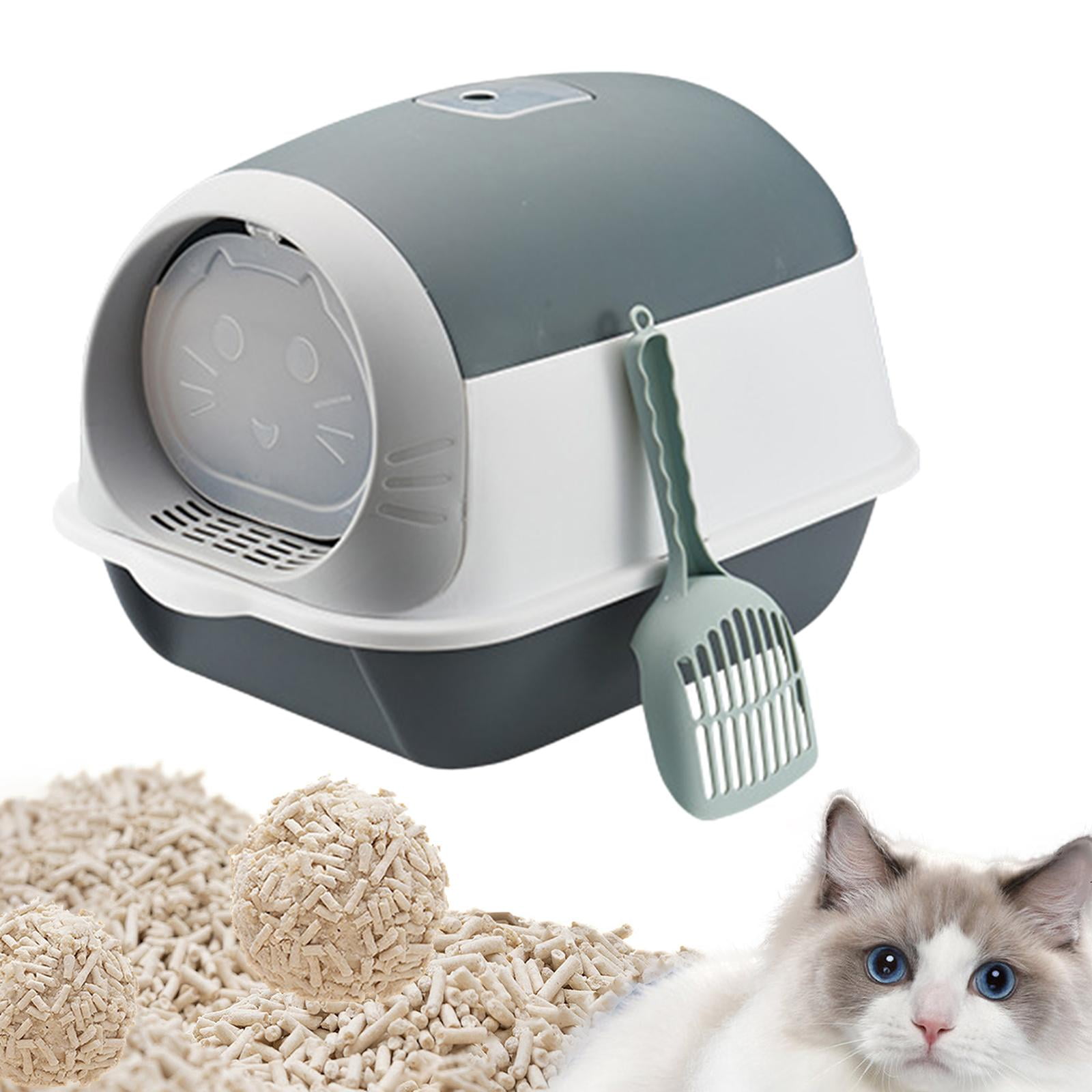 Hooded Cat Enclosed Cat Toilet Kitten Potty for Medium Large Cats Grey ...