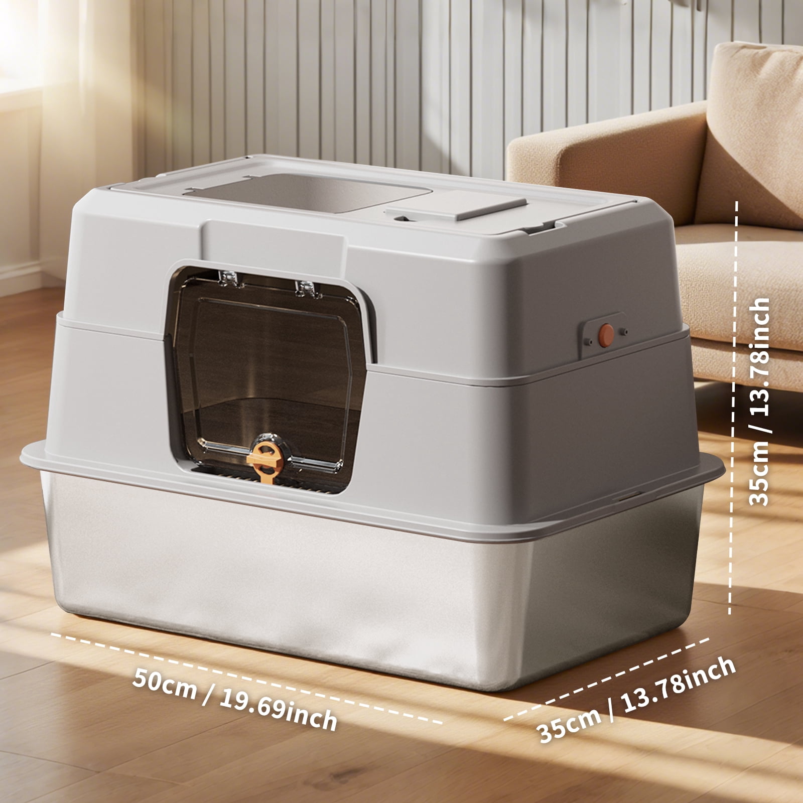 Hooded Cat Litter Box with Stainless Steel Base, Enclosed Litter Pan, Anti-Splash Odor Control, Front & Top Dual Entry, Pet-Safe Construction for All Cat Sizes