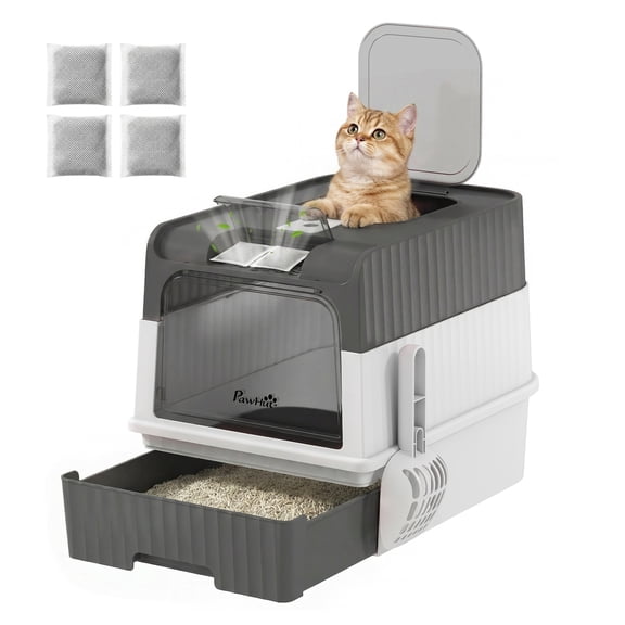 Hooded Cat Litter Box with Drawer, Top Exit Cat Litter Tray, Easy Clean, Front Entry, Gray