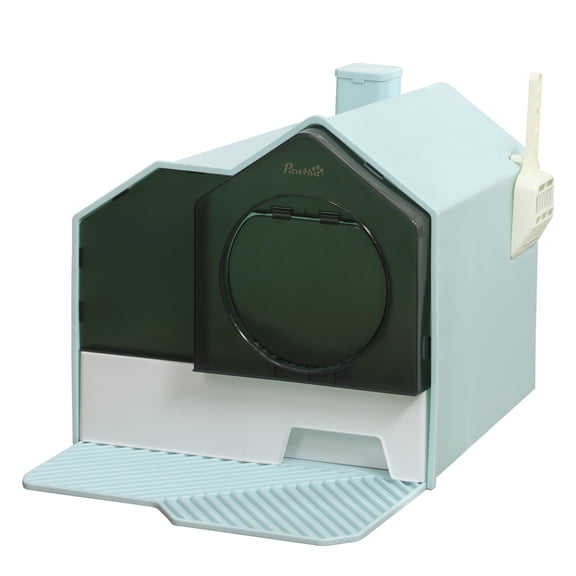 Hooded Cat Litter Box with Mat, Light Blue - Odor Control, Easy Clean, Privacy for Cats - Enclosed Kitty Litter Box