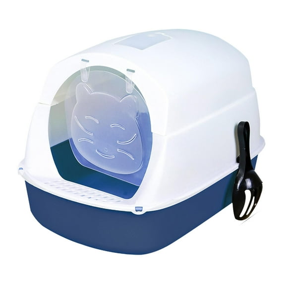 Hooded Cat with Lid Enclosed Cat Toilet Reusable Cat Litter Tray Dark Blue