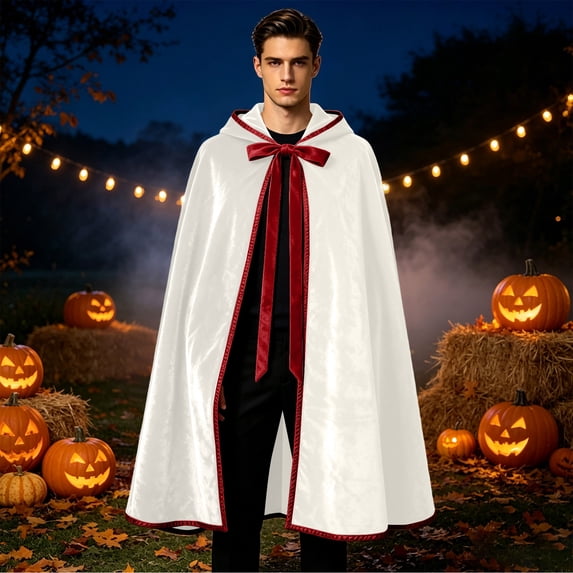 Hooded Cloak with Bow‑Tie Fastening, Elegant Full‑Length Cape for Themed Gathering, Halloween, Stage Performance, Festival , Fancy Dress and Historical Role‑Play Activities (White)