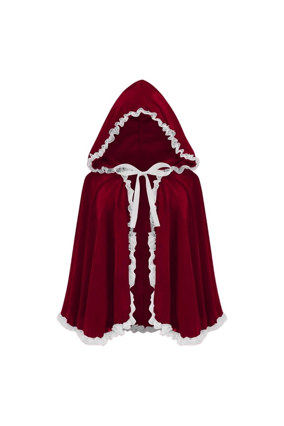 Hooded Cloak for Women Christmas Lace Pleated Lace Solid Color Hooded Short Velvet Cape