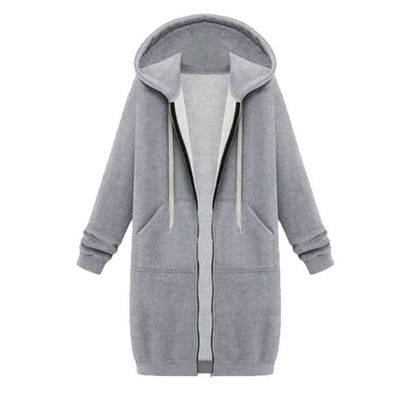 Hooded Coats for Women Solid Color Thickening and Fleece Long Hoodies Casual Zip Up Long Sleeve Jackets