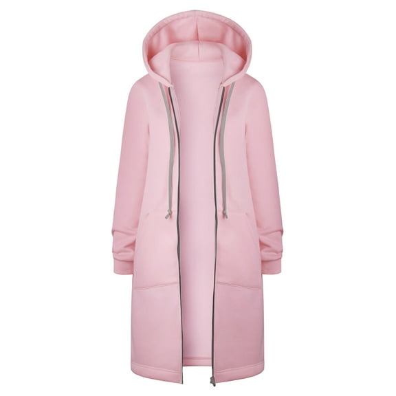 Hooded Coats for Women Solid Color Thickening and Fleece Long Hoodies Casual Zip Up Long Sleeve Jackets