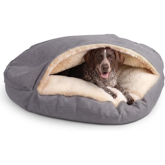 Hooded Comfort Cave Dog Bed with Lambs Wool Lining & Cedar Infused Fill, Soft Poly-Cotton Burrow Pet Nest for Large Dogs